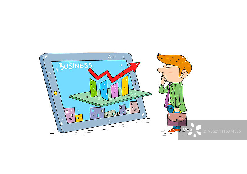 商人手提公文包站在数字平板前图片素材