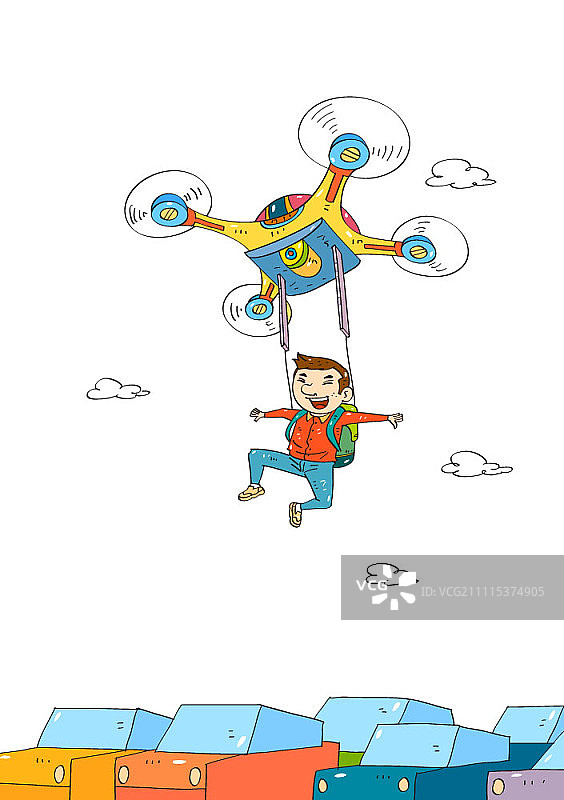 无人机将人吊起，飞越停放的汽车图片素材