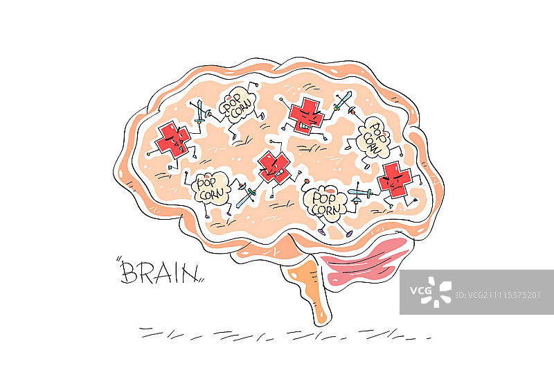 爆米花与红色十字在脑内冲突图片素材