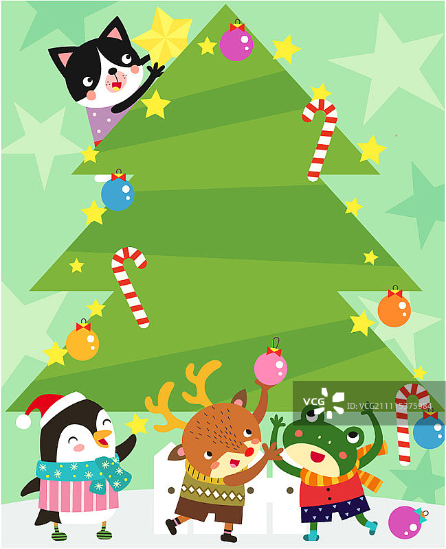 装饰圣诞树的动物们图片素材