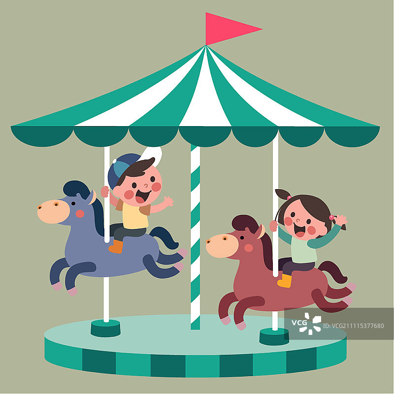 在旋转木马上的男孩和女孩图片素材