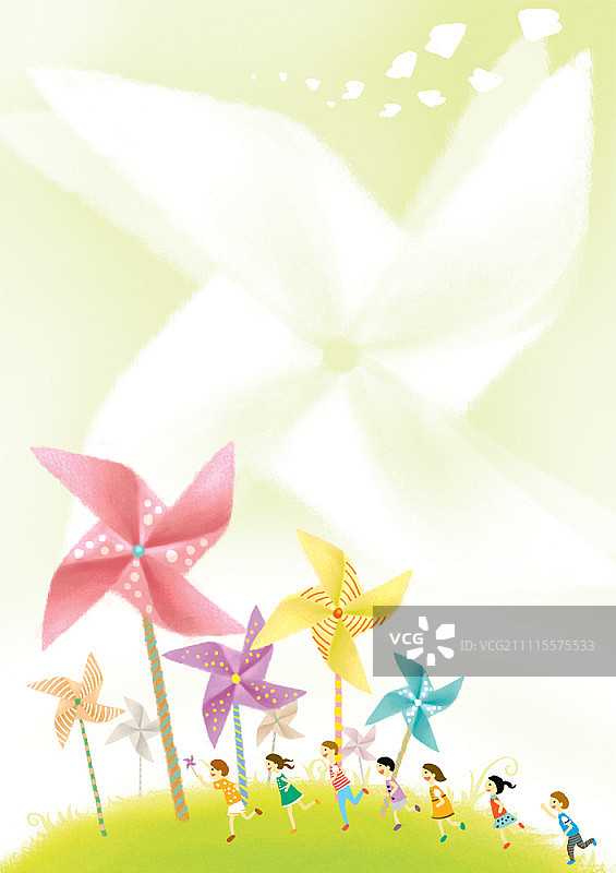 一群孩子在山坡上手持纸风车奔跑图片素材