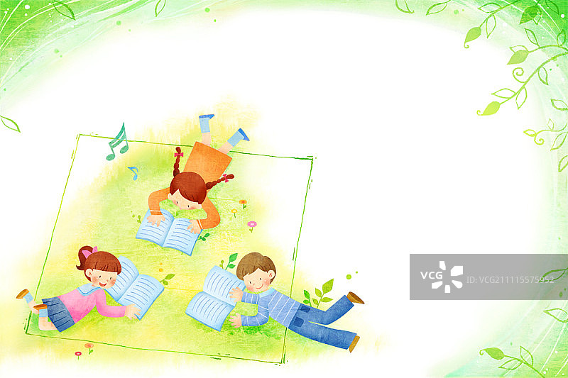 孩子们在草地上读书图片素材