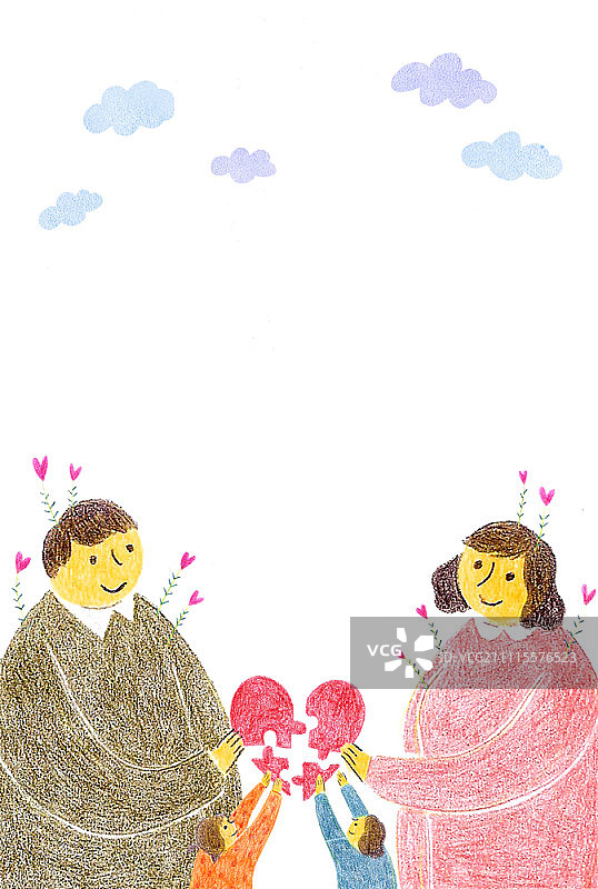 幸福家庭拿着心形拼图图片素材