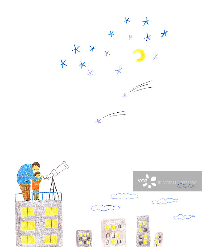 父子用望远镜观看星星图片素材