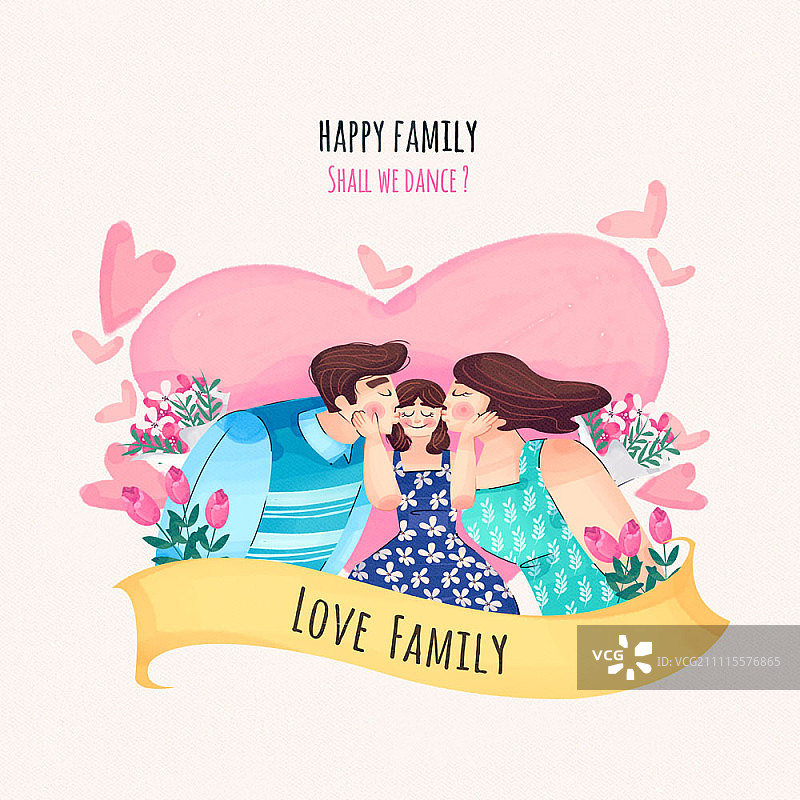 父母亲吻女儿的脸颊图片素材