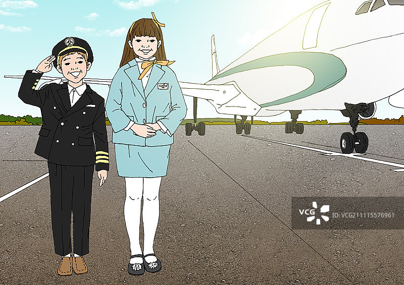 男孩和女孩装扮成飞行员和空乘图片素材