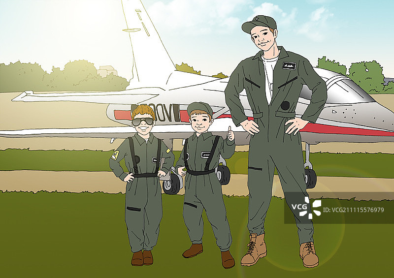 儿童与飞行员在跑道上图片素材