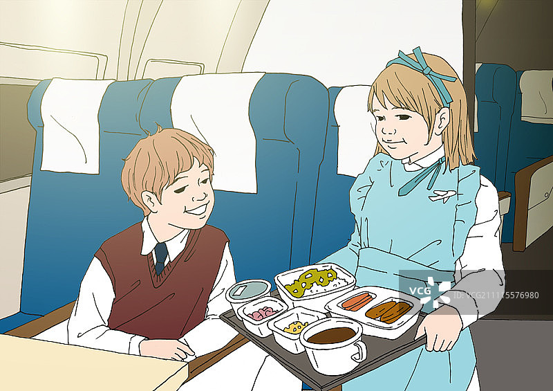 女孩装扮成空姐提供餐食图片素材