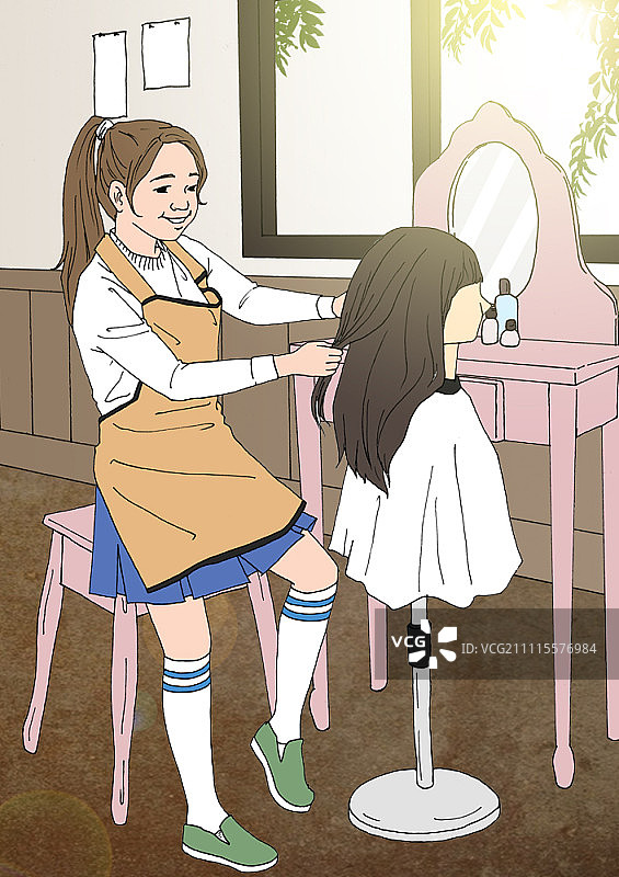 装扮成发型师的女孩与人体模型图片素材