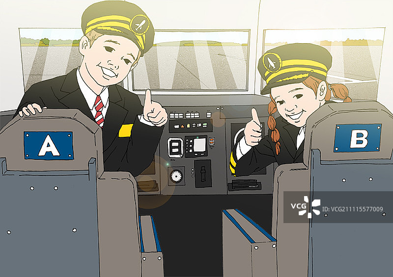 男孩和女孩装扮成飞行员在机舱内摆姿势图片素材