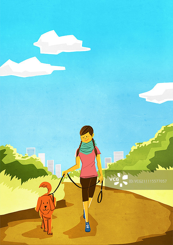 女孩和狗一起慢跑图片素材
