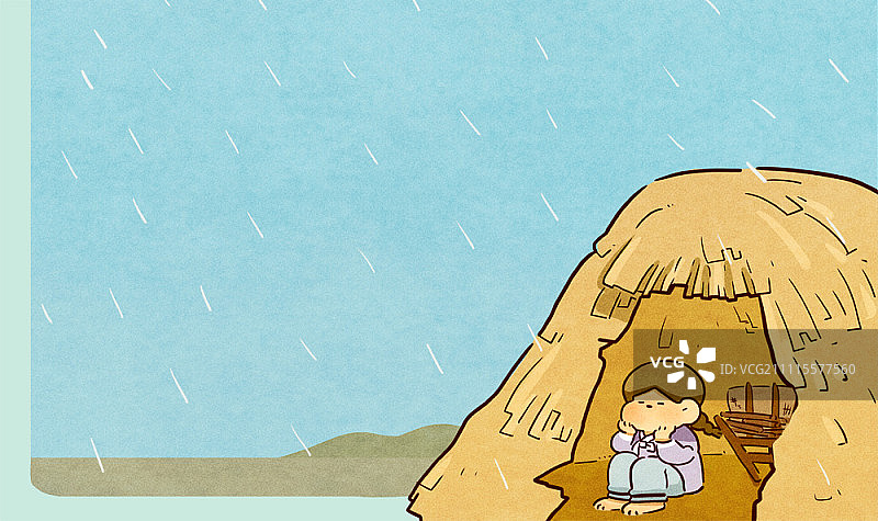 男孩在泥屋中躲雨。图片素材