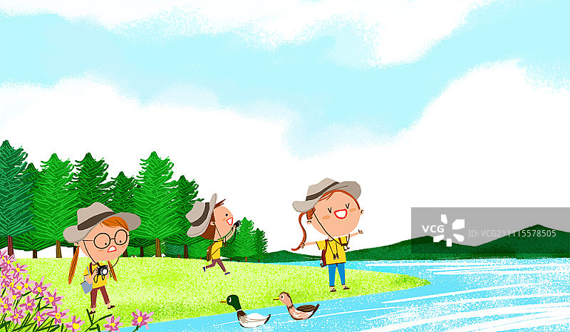 去湖边实地考察的儿童图片素材