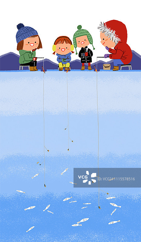一家人在冰冻的湖面上钓鱼图片素材