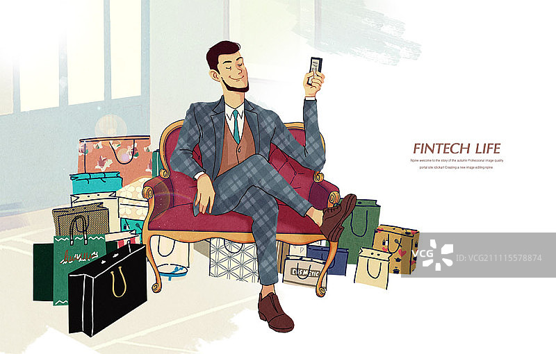 男人拿着智能手机，周围有很多购物袋图片素材