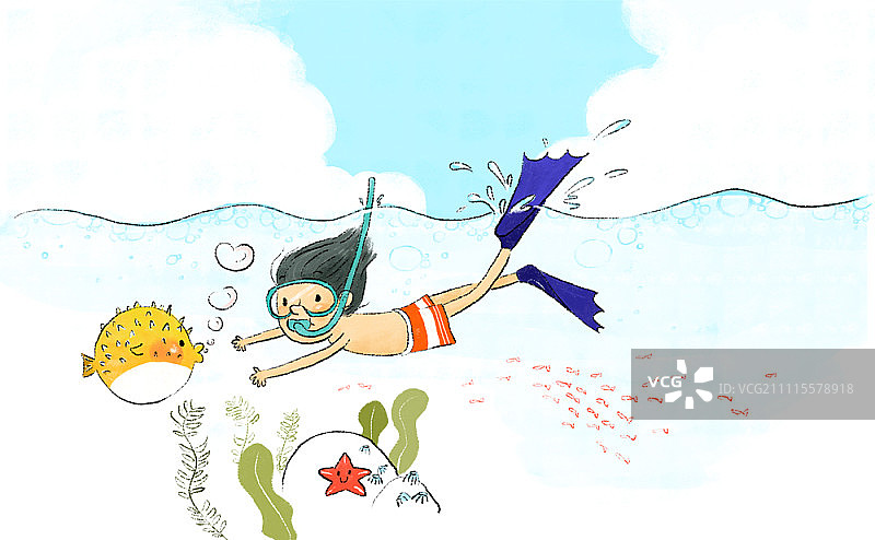 男孩在水中浮潜图片素材