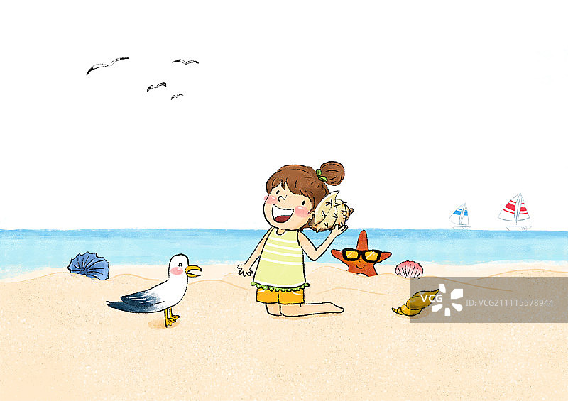 女孩听海螺图片素材