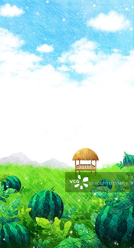 西瓜田里的小屋，映衬天空图片素材