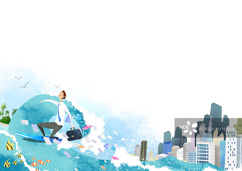 手提公文包在海浪上冲浪的商人图片素材