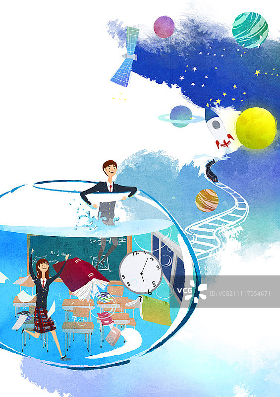 鱼缸里的教室中的男孩和女孩图片素材