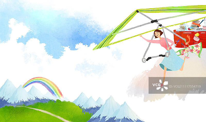 家庭主妇在山上手 Hang 滑翔图片素材