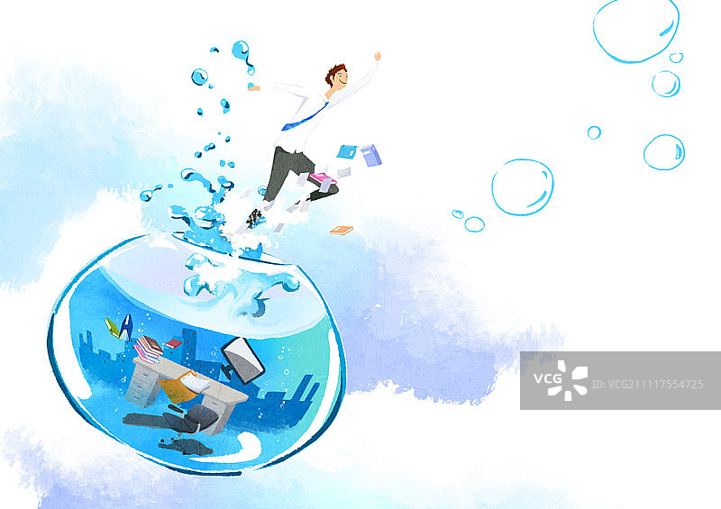 商人逃离鱼缸办公室图片素材