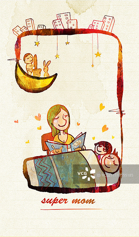 妈妈在床上给孩子们读书图片素材