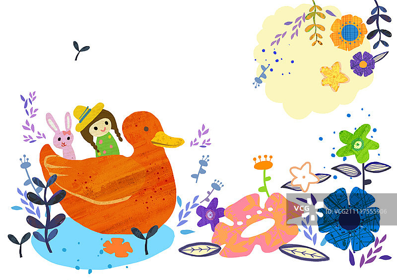 女孩和小鸭子插画图片素材