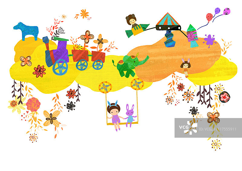 游乐园中孩子和动物插画图片素材