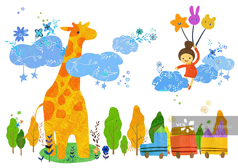 拿着气球和长颈鹿的女孩插画图片素材
