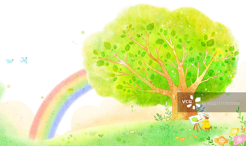 女孩绘画树木和彩虹图片素材