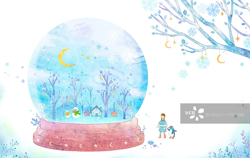 女孩牵着企鹅的手看着雪球图片素材