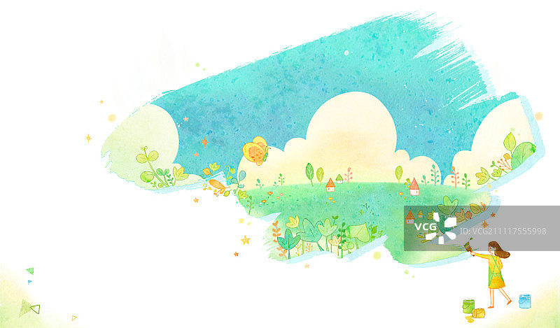 女孩在春天的田野里绘画图片素材