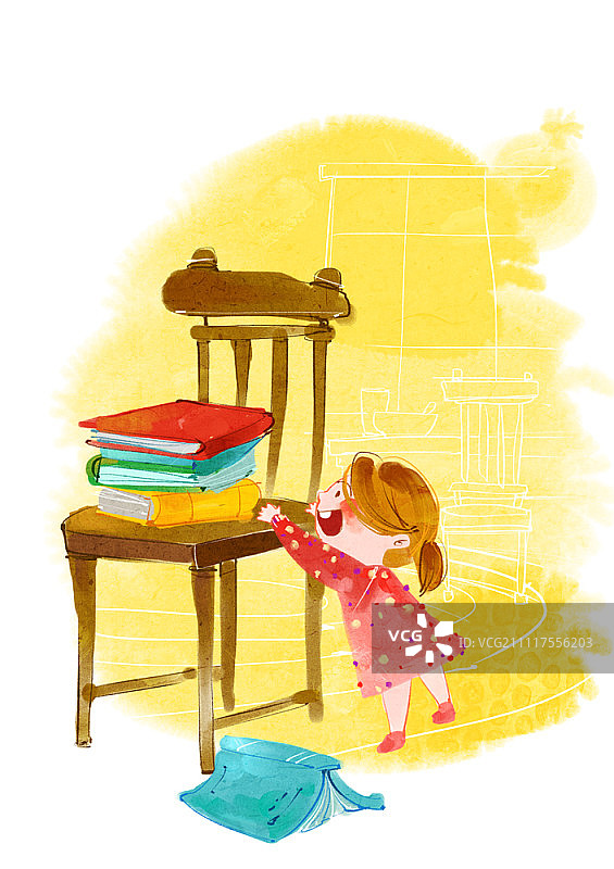 女婴伸手去拿椅子上的书图片素材