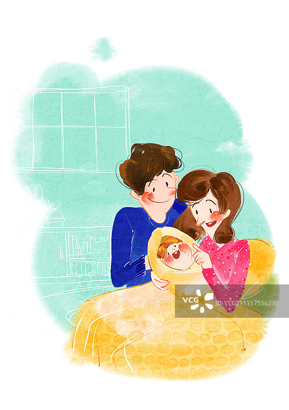 已婚夫妇在床上拥抱婴儿图片素材