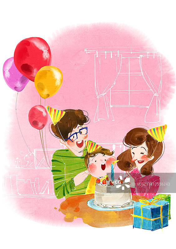 快乐的一家人庆祝宝宝生日图片素材