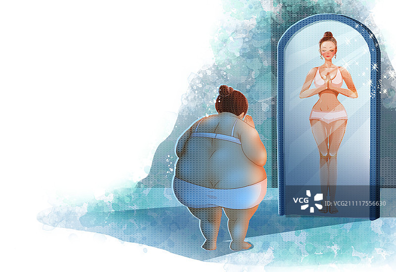 站在镜子前的超重女性图片素材