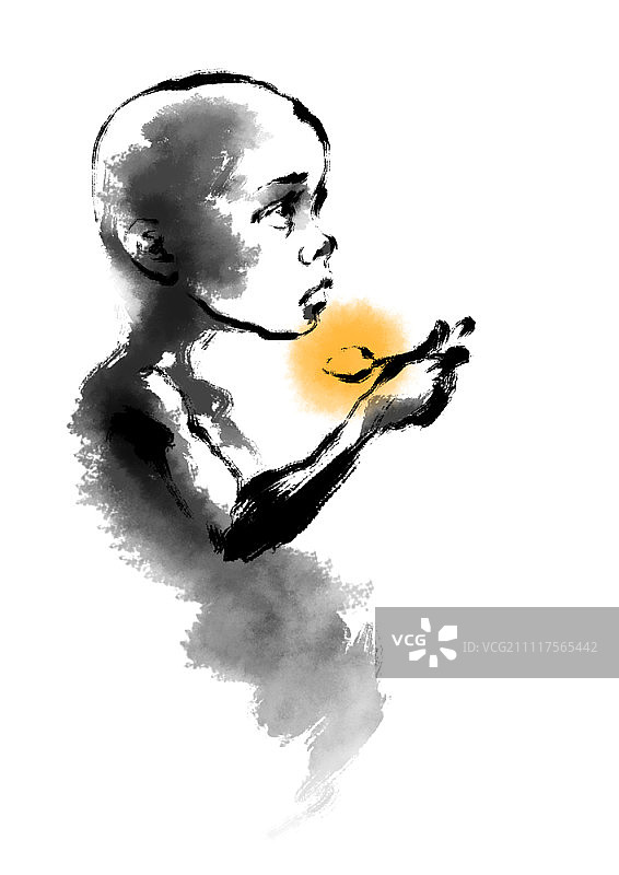 男孩拿着一勺米饭图片素材