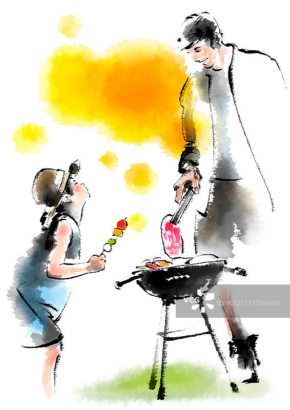 父子与烧烤架图片素材