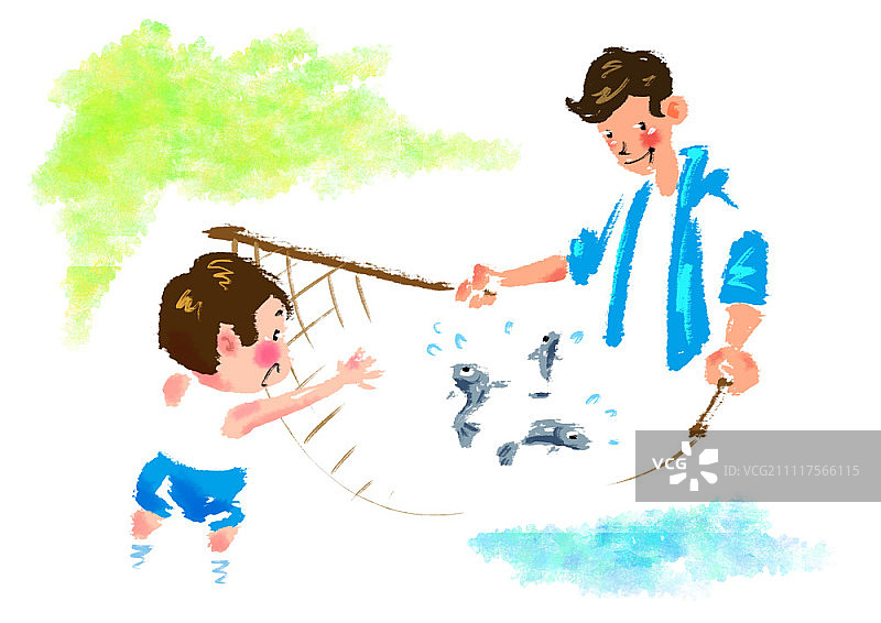 溪流中撒网捕鱼图片素材