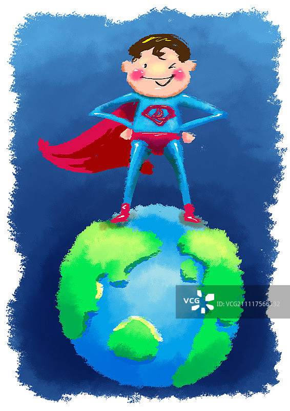 在地球仪上穿着超人服装的男孩图片素材