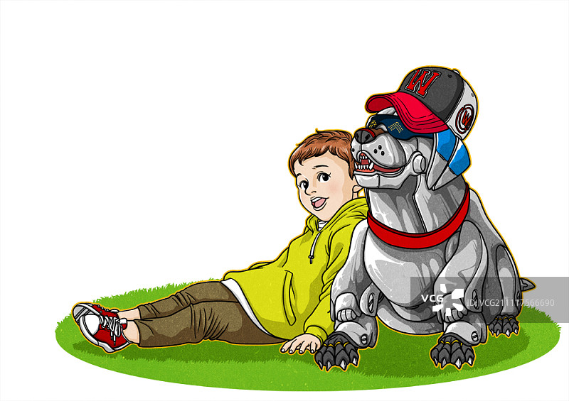 与机器人宠物玩耍的小男孩图片素材