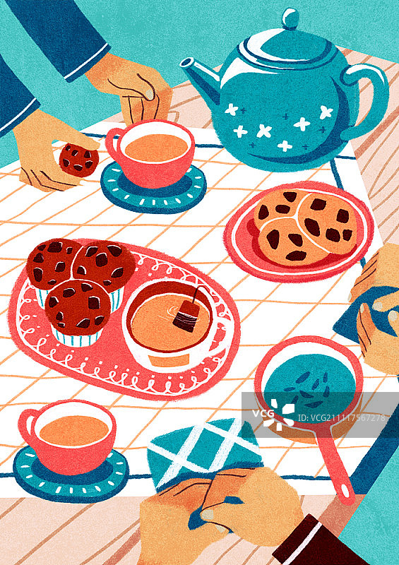 茶和纸杯蛋糕的餐桌插画图片素材