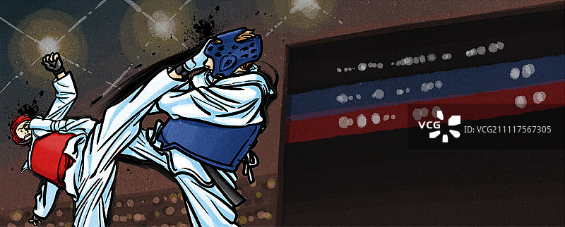 跆拳道少女踢腿霓虹灯旋转图片素材