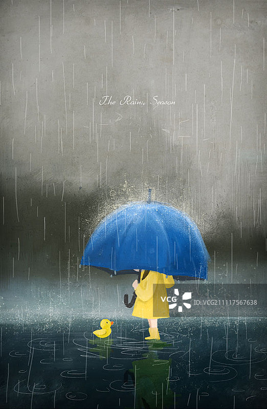 雨中穿雨衣打伞的小女孩图片素材