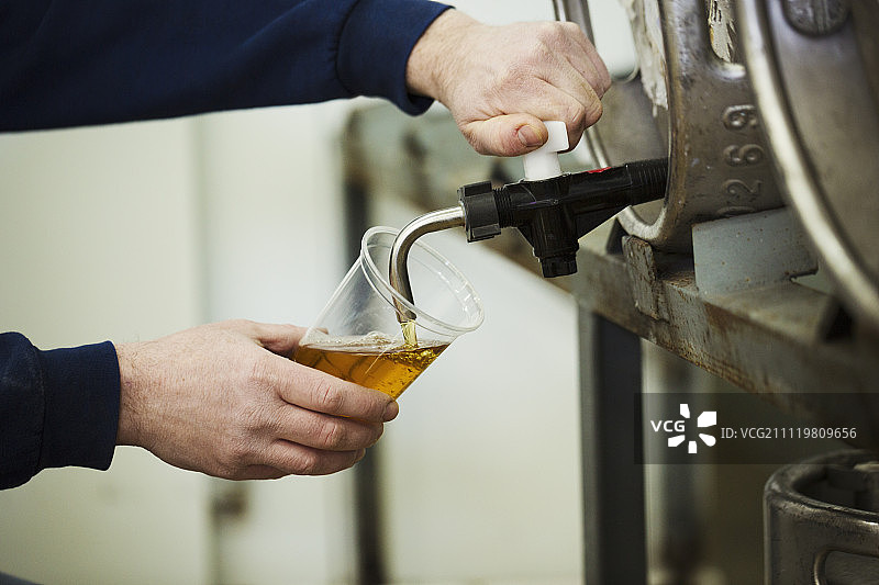 男人在啤酒厂绘制从金属桶中流出的琥珀色液体，用于测试图片素材