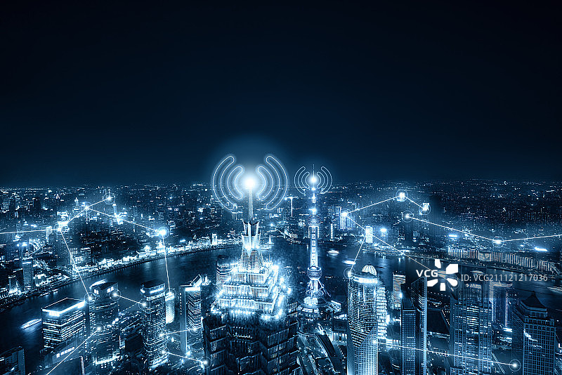 网络信号覆盖的航拍上海城市夜景图片素材