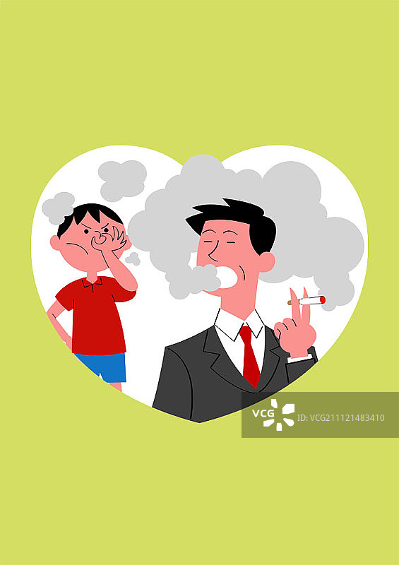 男人抽烟，男孩捂住鼻子图片素材