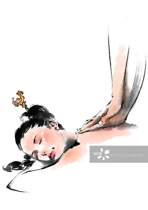 水墨画插图：女子按摩图片素材